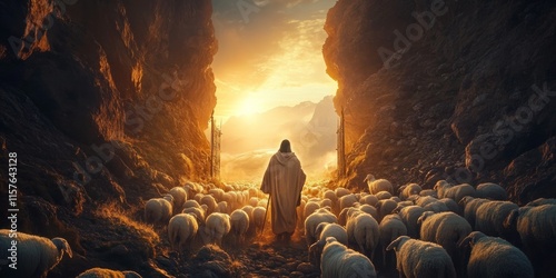 Shepherd Jesus Christ Leading Sheep to Heaven Gate