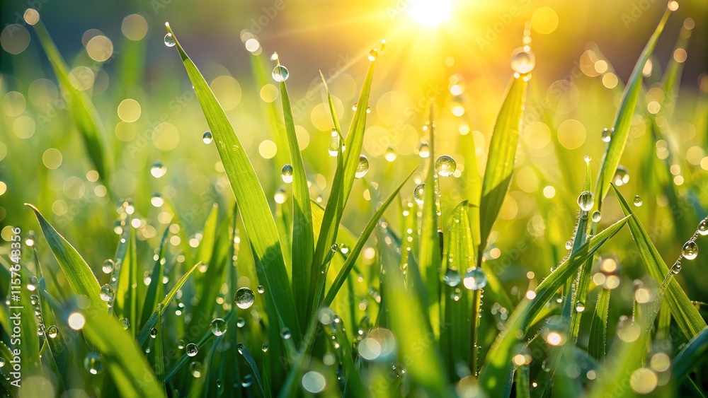 Fototapeta premium Close-up of fresh green grass with morning dew, illuminated by soft sunlight.