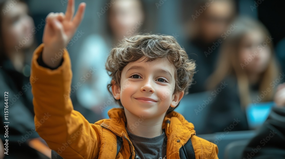 A confident child raising their hand while seated, with the teacher and classmates blurred in the background A confident child raising their hand while seated, with the teacher and classmates blurred in the background