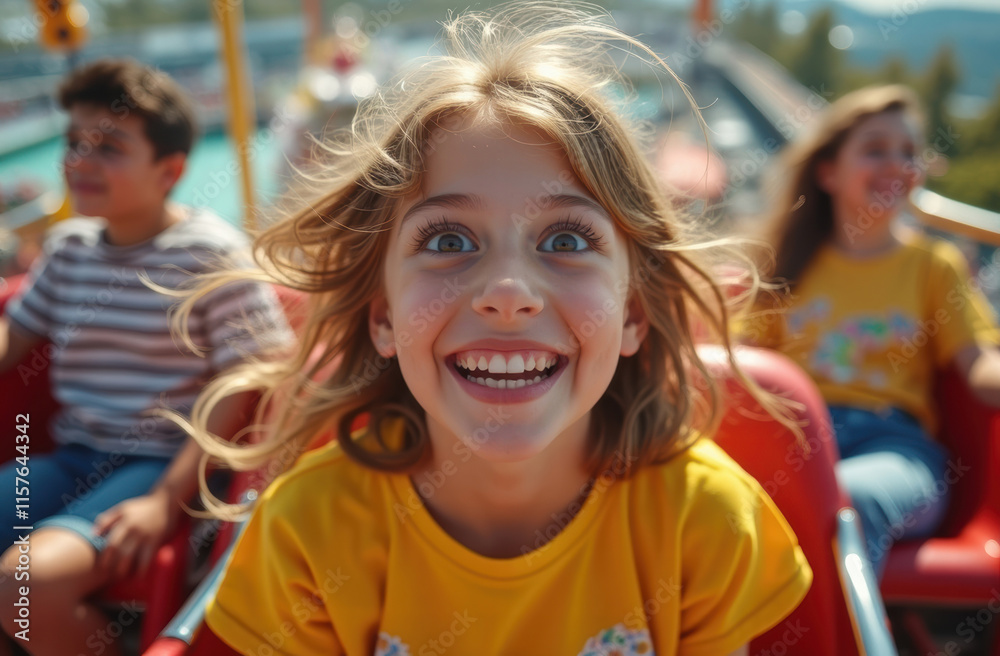 A portrait of a girl, around 8 to 10 years old, captured in a moment of pure joy and excitement as she experiences the thrill of a roller coaster ride. A portrait of a girl, around 8 to 10 years old, captured in a moment of pure joy and excitement as she experiences the thrill of a roller coaster ride.