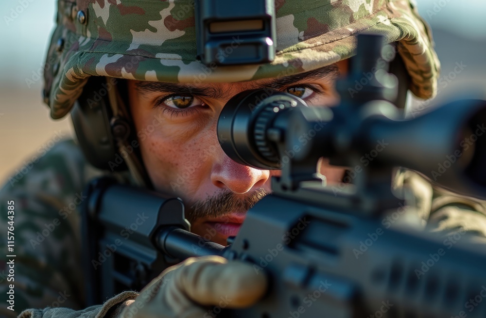A portrait of a male sniper rifle shooter, deeply focused as he aims through her rifle scope
A portrait of a male sniper rifle shooter, deeply focused as he aims through her rifle scope