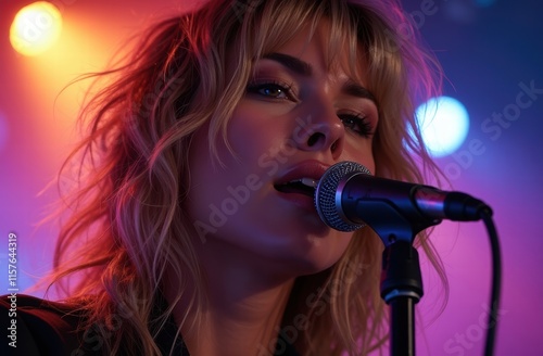 A detailed, high-energy portrait of a female rockstar performing passionately on stage