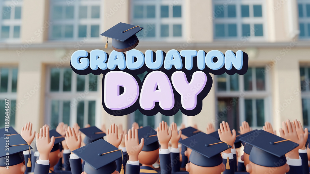 Obraz premium Graduation Day message, students in caps, building backdrop. Celebrating education event. For banner, poster, advertising. View from below.