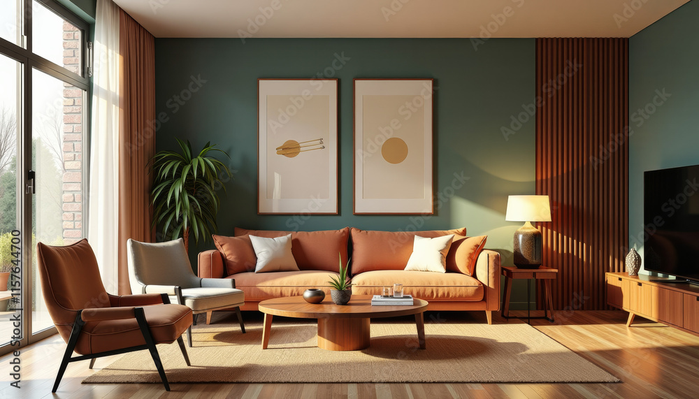 Fototapeta premium A Cozy Living Room with Warm Hues and Modern Design