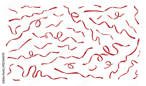 red ribbon confetti vector set. party celebration anniversary birthday event festive celebrate congrats surprise graphic design art illustration party popper flow line luxury realistic 3d paper shoot