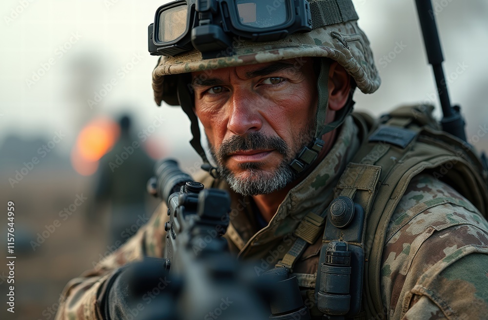A portrait of an army veteran in action, positioned with a rifle in a rugged outdoor battlefield
A portrait of an army veteran in action, positioned with a rifle in a rugged outdoor battlefield