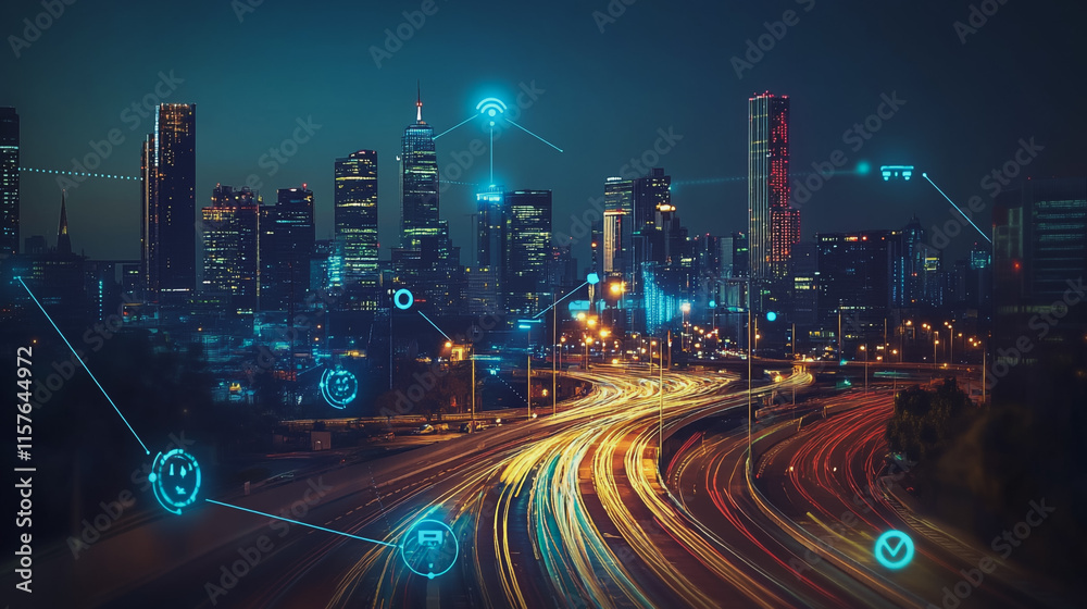 Fototapeta premium Smart digital Innovation city with connection network reciprocity over the cityscape. of future smart wireless digital city and social media networking systems that connects people with in city