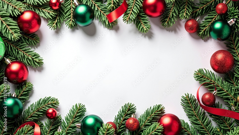 Festive Christmas Flat Lay: Fir Branches with Red and Green Decorations on White Background for Holiday Marketing Festive Christmas Flat Lay: Fir Branches with Red and Green Decorations on White Background for Holiday Marketing