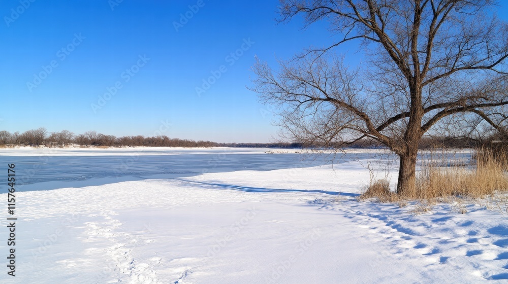 Tranquil Winter Landscape with Frozen River and Bare Trees under Blue Sky Tranquil Winter Landscape with Frozen River and Bare Trees under Blue Sky