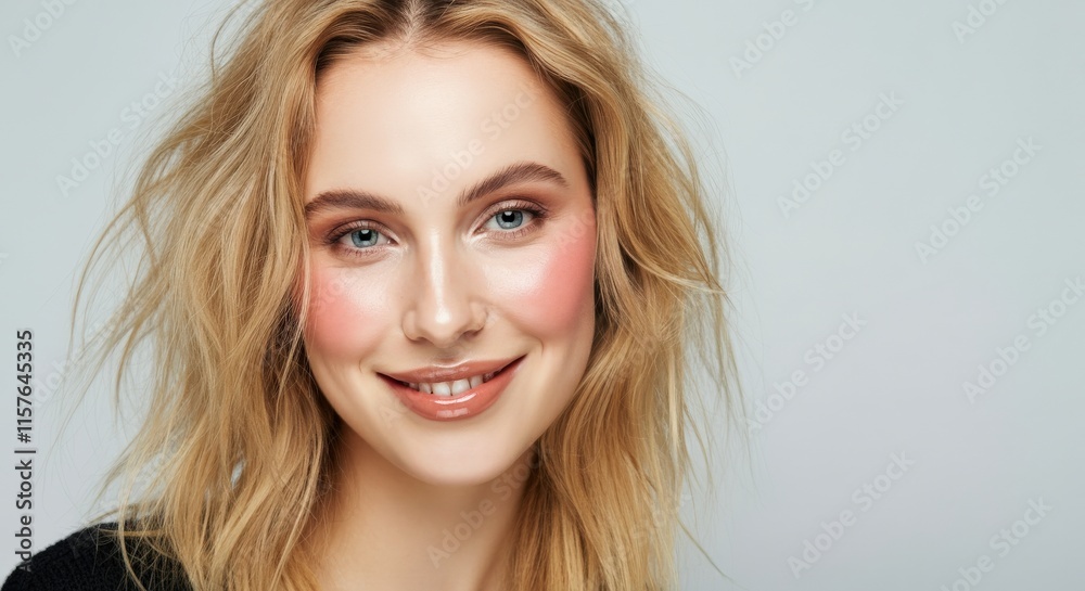 Fototapeta premium Radiant young caucasian female with natural makeup and blonde hair on light background