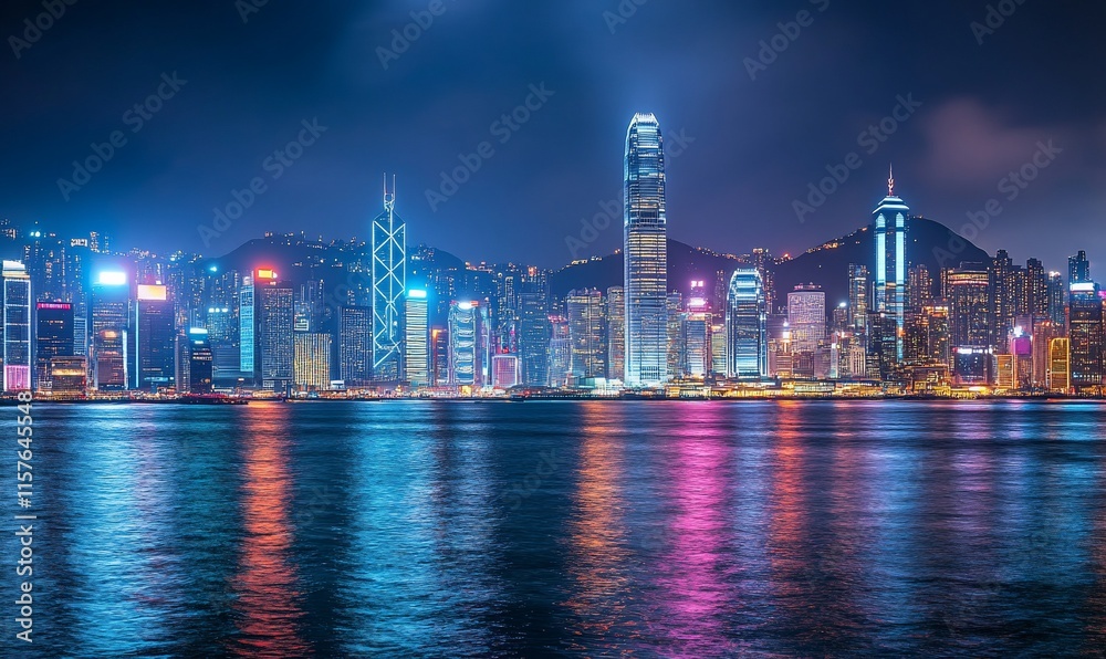 Fototapeta premium Vibrant Hong Kong skyline at night, reflecting in calm waters.
