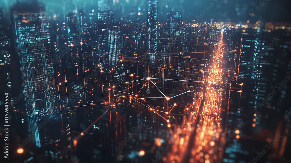 Fototapeta premium Smart digital Innovation city with connection network reciprocity over the cityscape. of future smart wireless digital city and social media networking systems that connects people with in city