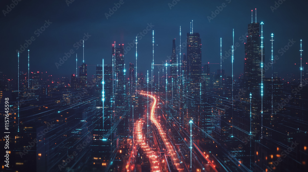 Smart digital Innovation city with connection network reciprocity over the cityscape. of future smart wireless digital city and social media networking systems that connects people with in city Smart digital Innovation city with connection network reciprocity over the cityscape. of future smart wireless digital city and social media networking systems that connects people with in city