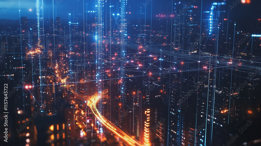 Smart digital Innovation city with connection network reciprocity over the cityscape. of future smart wireless digital city and social media networking systems that connects people with in city Smart digital Innovation city with connection network reciprocity over the cityscape. of future smart wireless digital city and social media networking systems that connects people with in city