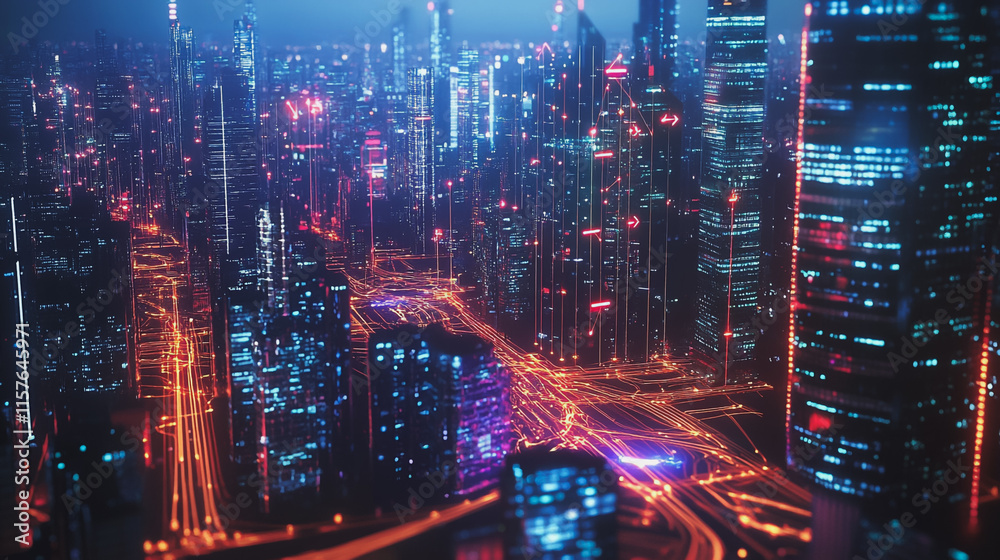 Fototapeta premium Smart digital Innovation city with connection network reciprocity over the cityscape. of future smart wireless digital city and social media networking systems that connects people with in city