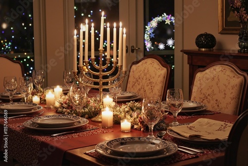 Background image of luxurious dining table set for Hanukkah dinner with menorah candles lit as centerpiece surrounded by silverware and festive decor copy space photo