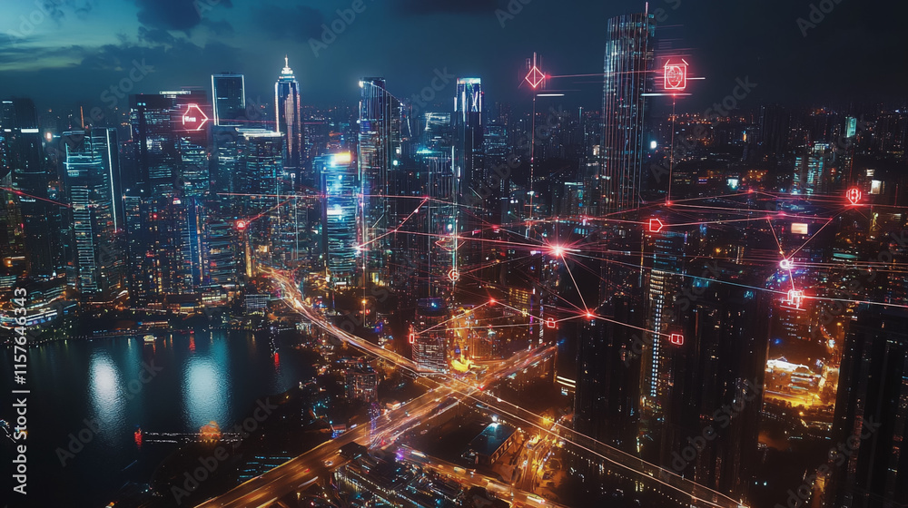 Fototapeta premium Smart digital Innovation city with connection network reciprocity over the cityscape. of future smart wireless digital city and social media networking systems that connects people with in city