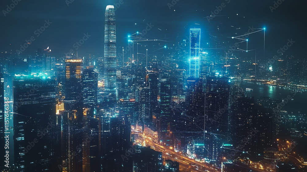 Fototapeta premium Smart digital Innovation city with connection network reciprocity over the cityscape. of future smart wireless digital city and social media networking systems that connects people with in city