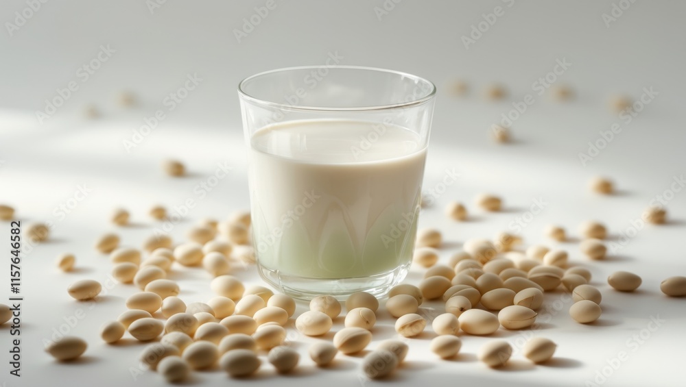 Glass of Soy Milk with Soybeans Scattered Around Glass of Soy Milk with Soybeans Scattered Around