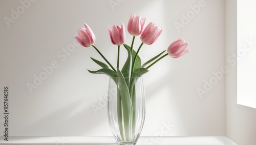 there are three pink tulips in a vase on a table photo