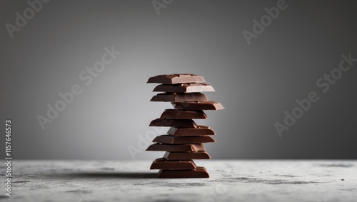 Stack of chocolate pieces to form balance on a concrete table with a gray background photo