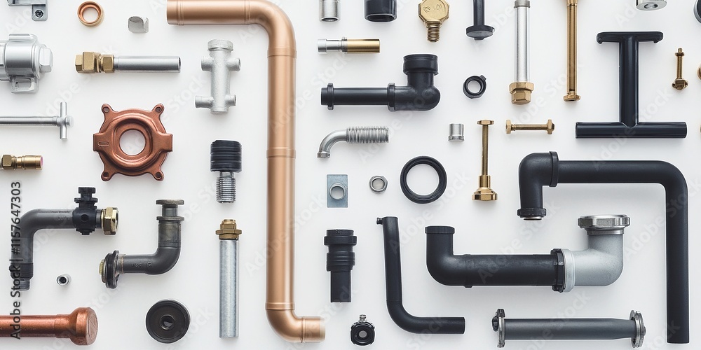 Industrial Plumbing Components Displayed in Minimalist Style on White Background Industrial Plumbing Components Displayed in Minimalist Style on White Background