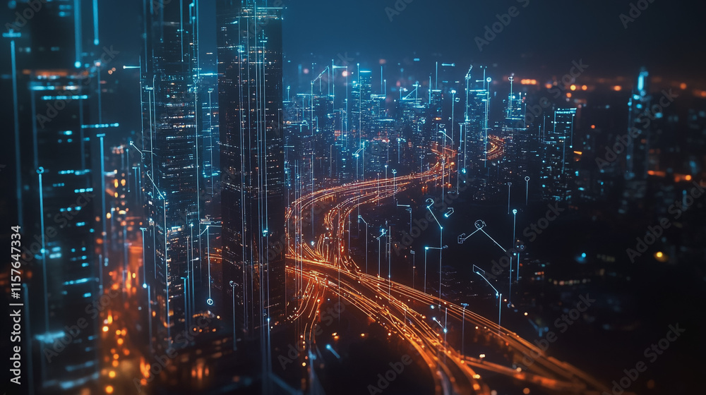 Smart digital Innovation city with connection network reciprocity over the cityscape. of future smart wireless digital city and social media networking systems that connects people with in city Smart digital Innovation city with connection network reciprocity over the cityscape. of future smart wireless digital city and social media networking systems that connects people with in city
