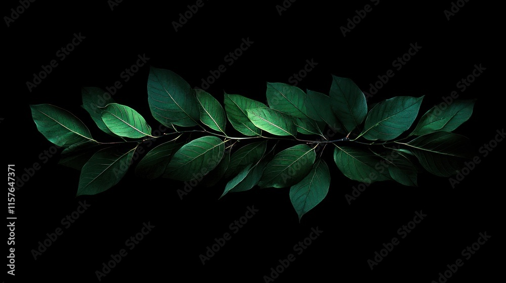 Fototapeta premium A collection of green leaves arranged artistically against a dark background.