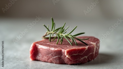 A piece of raw meat with a sprig of rosemary on top of it photo