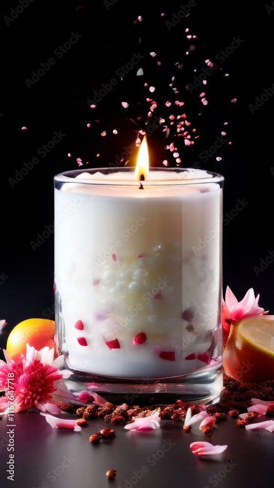 Aromatic candle surrounded by fresh flowers, fruits, and scattered petals. Captures essence of tranquility, perfect for enhancing relaxation and home ambiance.