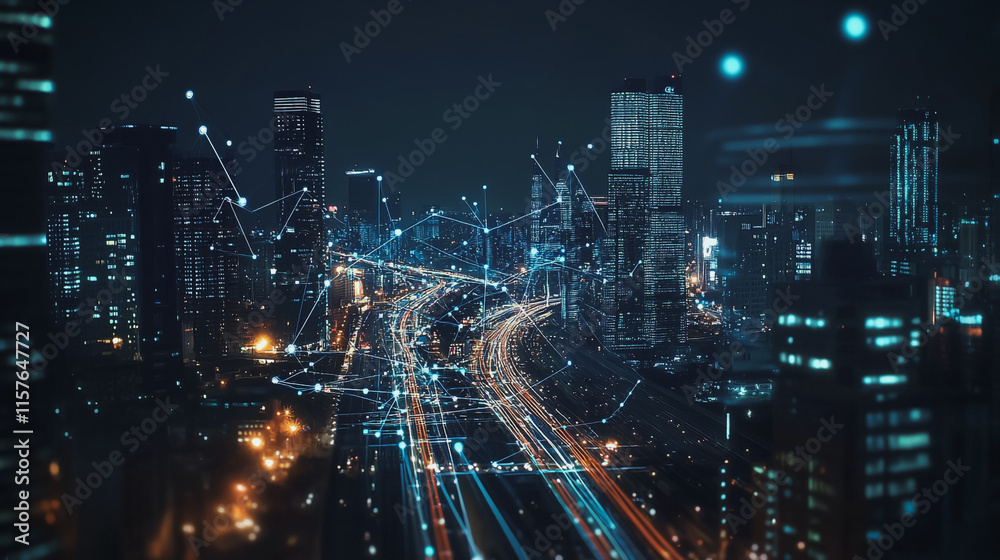 Fototapeta premium Smart digital Innovation city with connection network reciprocity over the cityscape. of future smart wireless digital city and social media networking systems that connects people with in city