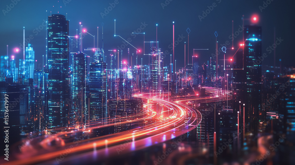 Fototapeta premium Smart digital Innovation city with connection network reciprocity over the cityscape. of future smart wireless digital city and social media networking systems that connects people with in city