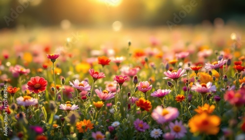 Fototapeta Naklejka Na Ścianę i Meble -  Vibrant wildflowers in a sunlit meadow. Perfect for Spring, Easter, Mother's Day, and summer celebrations. Great for greeting cards and invitations.
