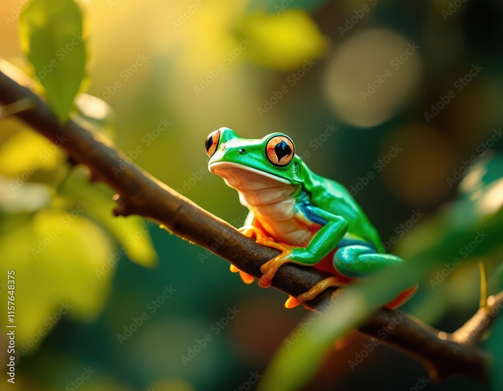Naklejka premium Colorful frog sitting on leaf in vibrant garden. Cute animal for Earth Day, spring, and nature themes. Great for posters, cards, and invitations.
