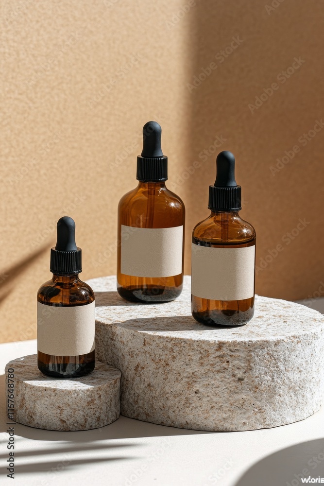 Elegant display of amber glass bottles on stone pedestals Elegant display of amber glass bottles on stone pedestals