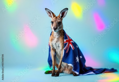 Cute kangaroo wearing Australian flag scarf. Patriotic animal for Australia Day, travel, and wildlife themes. Great for posters and greeting cards. photo