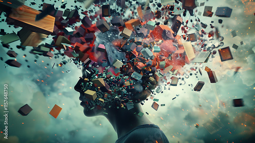 too much media and information causing overwhelming data explosion from the brain of a young human, illustrating social media addiction and information stress
