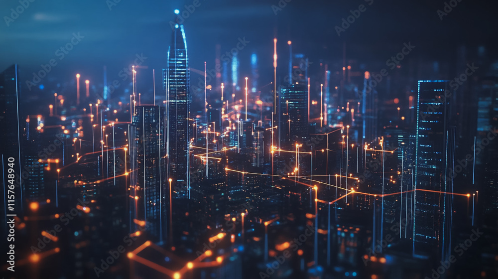 Fototapeta premium Smart digital Innovation city with connection network reciprocity over the cityscape. of future smart wireless digital city and social media networking systems that connects people with in city