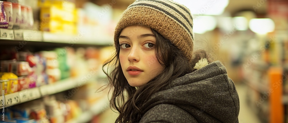 Young woman in a supermarket, looking back at the camera. Young woman in a supermarket, looking back at the camera.