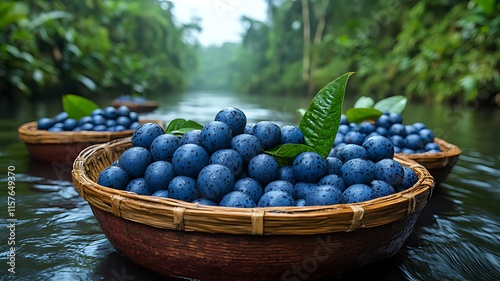 Dark blue round fruits in woven baskets float on calm river water, lush green jungle background. photo