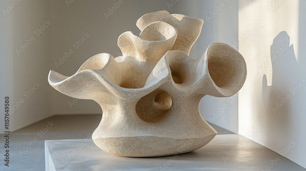 Obraz premium Abstract stone sculpture with organic shapes and natural light surrounded by minimalist architecture