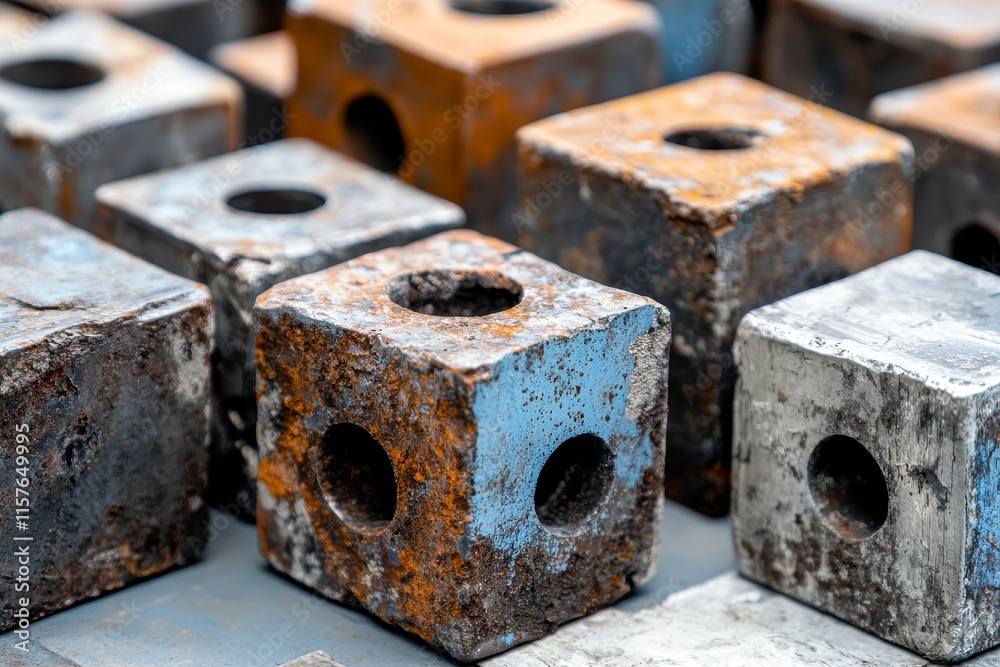 Close-Up of Rusted Metallic Blocks - A close-up shot of several weathered metallic blocks, showcasing texture, age, and industrial use. Concepts: industry, strength, decay, time, and resilience. Close-Up of Rusted Metallic Blocks - A close-up shot of several weathered metallic blocks, showcasing texture, age, and industrial use. Concepts: industry, strength, decay, time, and resilience.