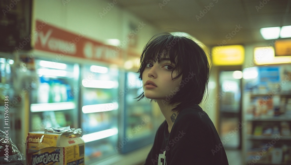 Young woman with black bob haircut in a convenience store. Young woman with black bob haircut in a convenience store.