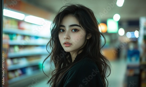 Young woman with long dark hair in a supermarket.