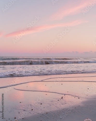 Tranquil coastal scene with pastel pink sunset reflecting on wet sand and gentle waves lapping the shore photo