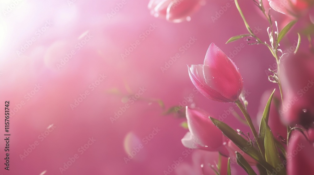 Obraz premium Beautiful blooming pink tulips in soft focus against a gentle light backdrop