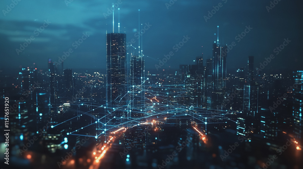 Fototapeta premium Smart digital Innovation city with connection network reciprocity over the cityscape. of future smart wireless digital city and social media networking systems that connects people with in city