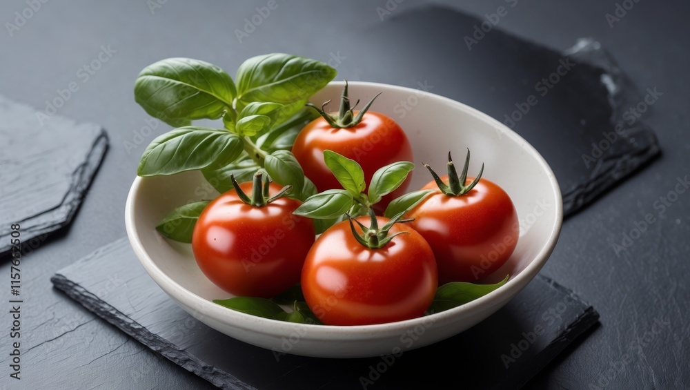 Cherry tomatoes and basil in a bowl on a black slate background