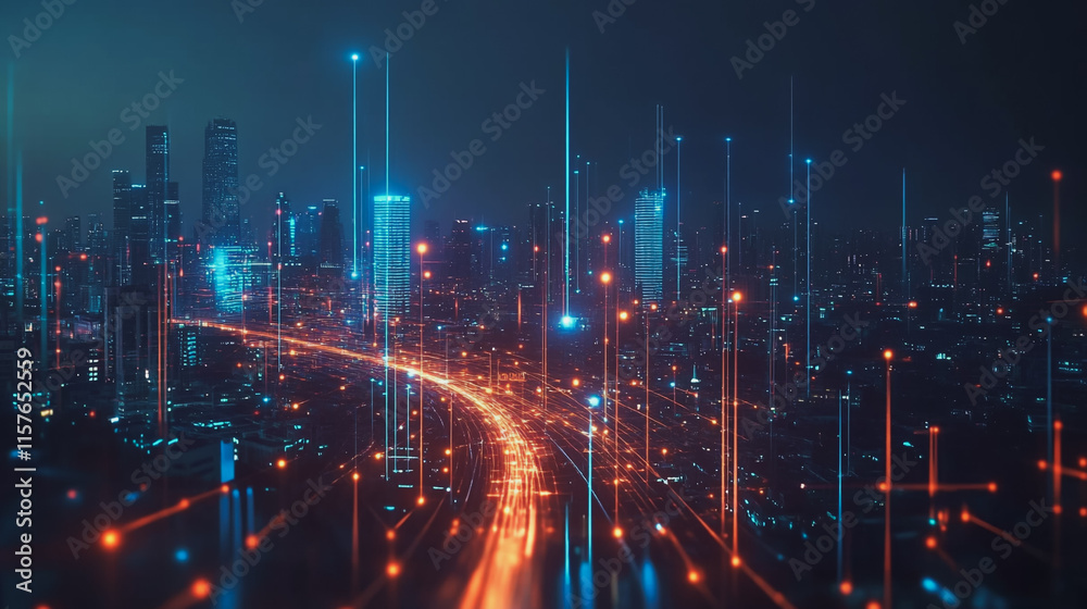 Smart digital Innovation city with connection network reciprocity over the cityscape. of future smart wireless digital city and social media networking systems that connects people with in city Smart digital Innovation city with connection network reciprocity over the cityscape. of future smart wireless digital city and social media networking systems that connects people with in city