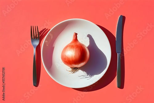 Red onion on a white plate with silver utensils on a bright background photo